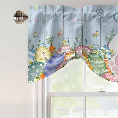 Spring Easter Tie Up Valance Curtains for Windows, Kitchen Curtains Window Shades, Rabbit Ears Foot Colorful Eggs Wooden Plank Light Filtering Roman Curtain Valances for Bedroom/Bathroom/Cafe 42"x12"