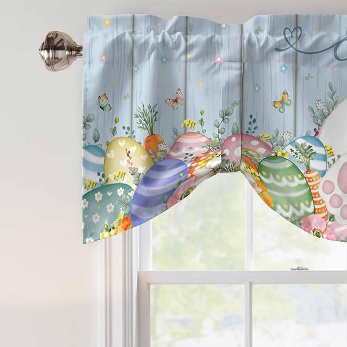 Spring Easter Tie Up Valance Curtains for Windows, Kitchen Curtains Window Shades, Rabbit Ears Foot Colorful Eggs Wooden Plank Light Filtering Roman Curtain Valances for Bedroom/Bathroom/Cafe 60"x18"