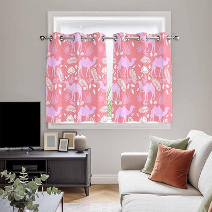 2 Panel Kitchen Cafe Curtains, Desert Camel Sunlight Filtering Nature Air Through, Home Decor Window Covering Tier Curtains for Bedroom Living Room Vintage Sand Camel Leaves Flower Pattern Pink