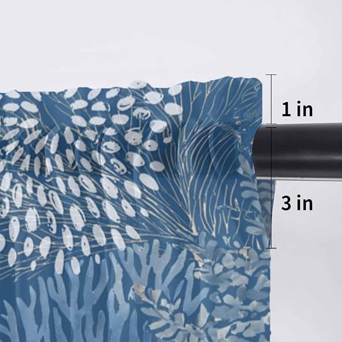 Ocean Corals Sheer Valance Curtains, Summer Beach Coral Sea Stars Dark Blue Light Filtering Kitchen Valances Rod Pocket Voile Curtain Window Treatment for Bedroom/Living Room/Basement 60Wx18L