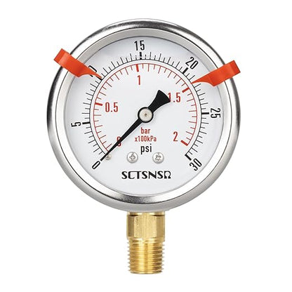 0 to 30 Psi Pressure Gauge, Glycerin Liquid Filled, 2.5 inch Dial, 1/4" NPT Lower Mount, Stainless Steel Case, for Water Tank, Pool Sand Filter, Coolant, CO2, Oil, Gas, Low Pressure Test