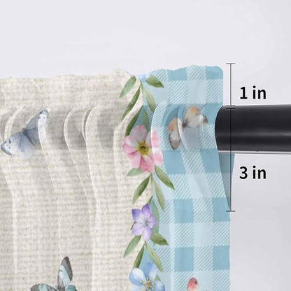 Easter Sheer Valances for Windows 54"x18", Light Filtering Kitchen Curtains Valance, Gnomes Colorful Eggs Butterfly Flowers Blue Check Rod Pocket Chiffon Curtains for Living Room Bedroom Cafe