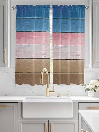 Blue Pink Brown Gradient Wood Grain Window Valance Curtains, Vintage Wood Board Light Filtering Kitchen Valance with 3-inch Rod Pocket for Living Room Bathroom Bedroom,2 Panel,52x72In