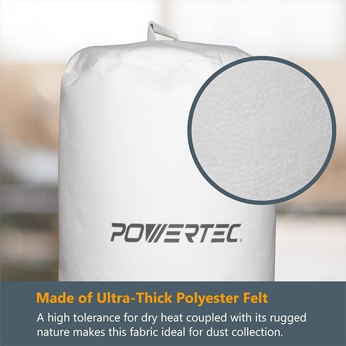 POWERTEC 70426 Dust Collector Bags and Clamp Set | 21" x 31" x 1 Micron Filter Upper Bag with 19-1/8 Inch Band Clamp and 5pc Clear Plastic Dust Collection Bags 20" x 43"