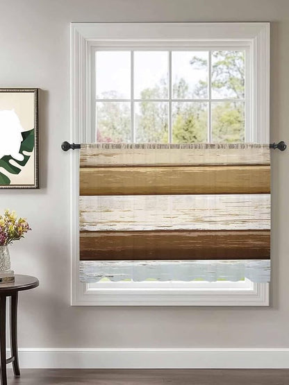 Sheer Curtains 45 Inch Length, Wood Grain Brown Semi Sheer Curtains Light Filtering Window Treatment, Farmhouse Vintage Country Geometric Privacy Voile Drapes for Living Room Bedroom 52x45 Inch