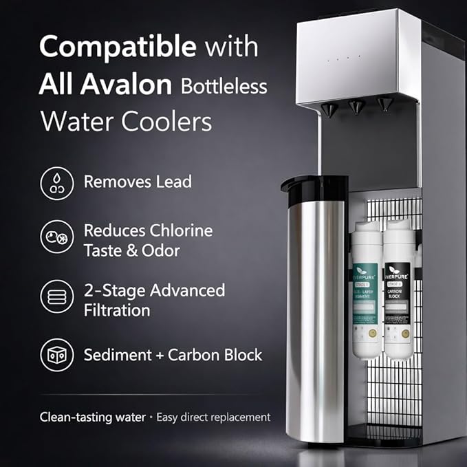 Two-Stage Replacement Filter Compatible with Avalon Coolers – 1500 Gallon Capacity, Reduces Lead, Chlorine Taste & Odor, Third-Party Tested.
