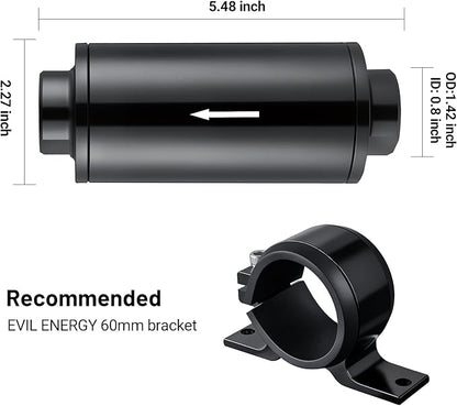 EVIL ENERGY Inline Fuel Filter 40 Micron with Barb 1/2", 3/8", 5/16" Fitting Adapter, Bracket Clamp 60MM Universal Aluminum Black for Gasoline, Diesel, Rubber Fuel Line