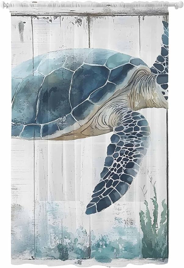 Sheer Curtains 96 Inches Long, Sea Turtle Teal Blue Semi Sheer Curtains Light Filtering Window Treatment, Summer Coastal Ocean Wood Grain Privacy Voile Drapes for Living Room Bedroom 52x96 Inch