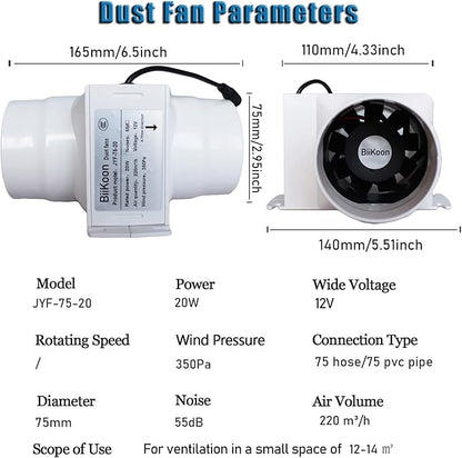 3“ Inline Duct Fan 12V 20W Inline Exhaust Blower Plastic Air Extractor Booster for Carbon Filter Grow Tent Room Basement Kitchen (Color : NO Adjustable Speed, Size : 20w)