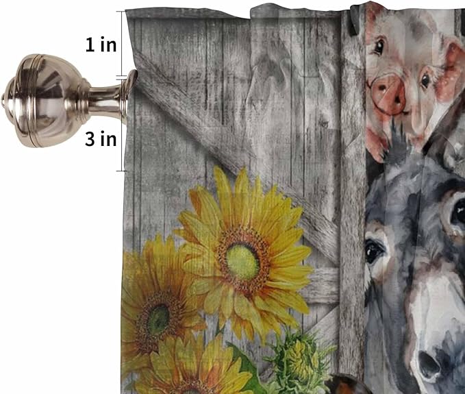 Farmhouse Kitchen Curtains 45 Inches length, Vintage Sunflowers Animals Printed Wood Grain Window Treatment Curtain Drapes, Lightweight Window Panels for Living Room Bedroom, 52"x45", 2 Panels