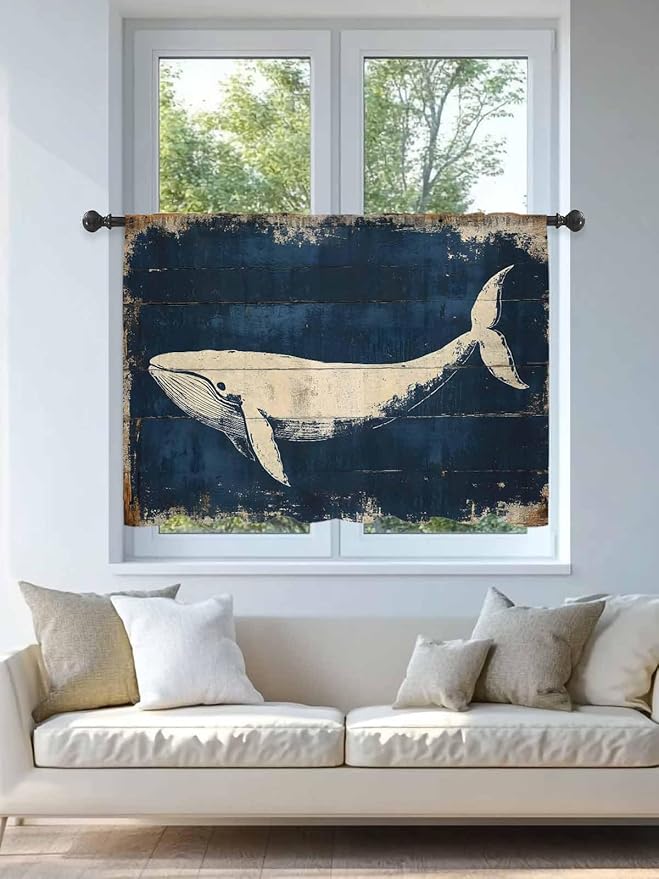 Sheer Curtains 54 Inch Length, Ocean Whale Blue Semi Sheer Curtains Light Filtering Window Treatment, Summer Coastal Vintage Wood Grain Privacy Voile Drapes for Living Room Bedroom 52x54 Inch