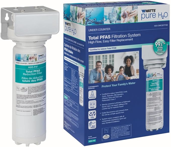 Watts Premier H2O-DWCBTP100 Single-Stage Total PFAS Reduction Under Counter Water Filtration System, Reduces Forever Chemicals, High Flow Rate 1.5 GPM, 1/4 Turn Quick Change, 1,900 Gallon Capacity