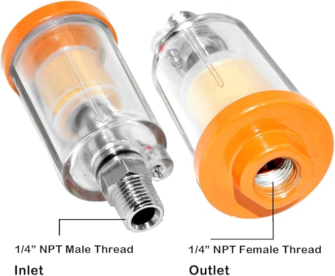 beduan Water Oil Separator Filter, 1/4" NPT Male and Female Thread Spray Gun Filters Air Compressor Fitting Compressed Orange（Pack of 2）