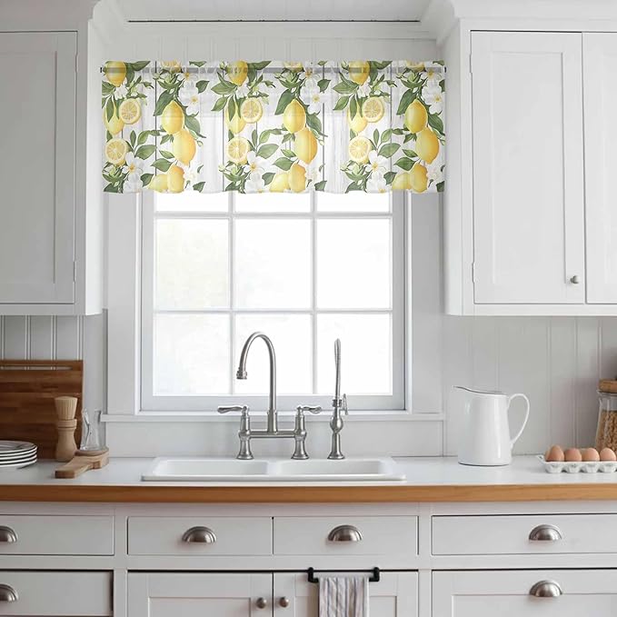 Spring Summer Lemon Sheer Valance Curtains, Leaf Flower White Wood Grain Light Filtering Kitchen Valances Rod Pocket Voile Curtain Window Treatment for Bedroom/Living Room/Basement 54Wx18L