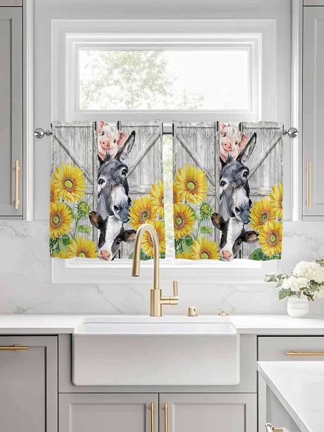 Farmhouse Half Window Curtains 24 Inches Long, Watercolor Sunflowers Animals Printed Wood Grain Window Treatment Curtain Drapes, Short Curtains Tiers for Kitchen Over Sink, 27.5"x24", 2 Panels