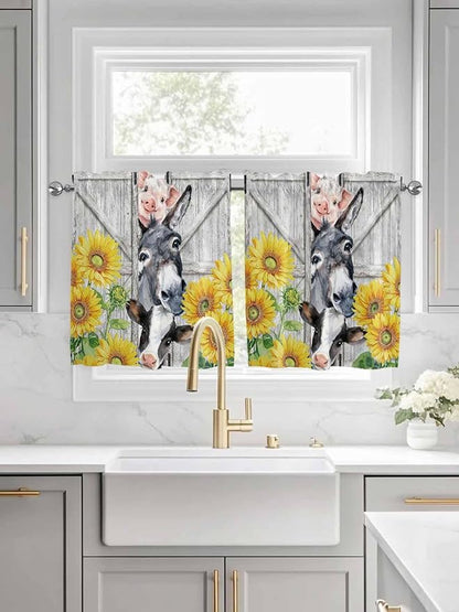Farmhouse Half Window Curtains 24 Inches Long, Watercolor Sunflowers Animals Printed Wood Grain Window Treatment Curtain Drapes, Short Curtains Tiers for Kitchen Over Sink, 27.5"x24", 2 Panels