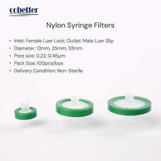 100 Pack Syringe Filter Nylon Lab Filters 0.45μm Pore Size 33mm Diameter Hydrophilic Filtration Non-sterile, Green