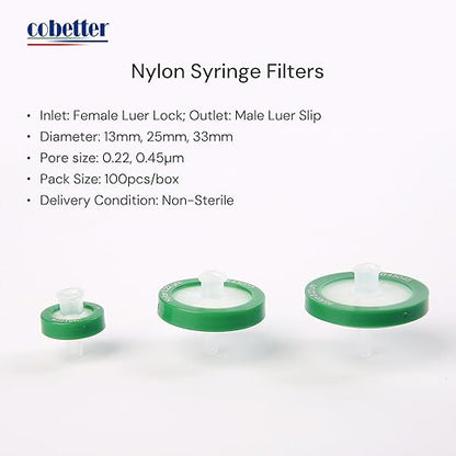 100 Pack Syringe Filter Nylon Lab Filters 0.45μm Pore Size 33mm Diameter Hydrophilic Filtration Non-sterile, Green