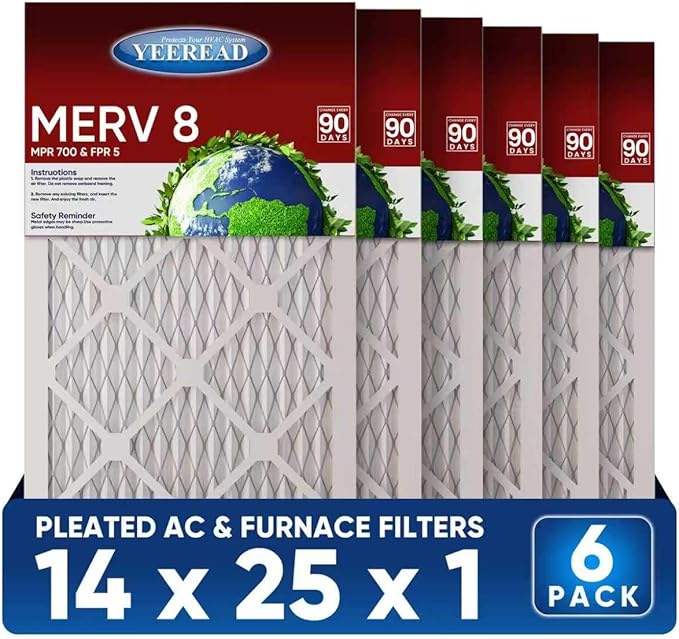 14x25x1 MERV 8 Air Filters 6-Pack, Actual Size 13.7" x 24.7" x 0.75" – Compatible with HVAC, Air Conditioners & Furnaces– High Particle Capture & Smooth Airflow