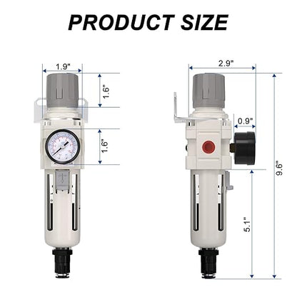 3/8"NPT Air Filter Regulator Combo Piggyback,5 Micron Brass Element, Auto Drain,Air Pressure Regulator AW3000-03,0-150 psi Gauge