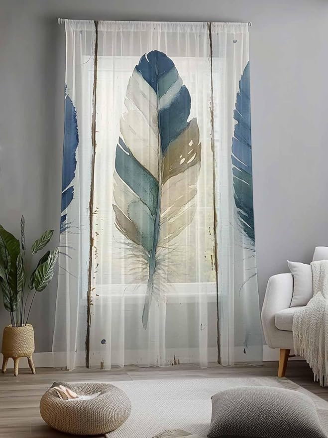 Sheer Curtains 108 Inches Long, Boho Blue Feathers Semi Sheer Curtains Light Filtering Window Treatment, Farmhouse Vintage Wooden Grain Privacy Voile Drapes for Living Room Bedroom 52x108 Inch