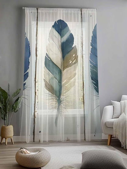 Sheer Curtains 108 Inches Long, Boho Blue Feathers Semi Sheer Curtains Light Filtering Window Treatment, Farmhouse Vintage Wooden Grain Privacy Voile Drapes for Living Room Bedroom 52x108 Inch