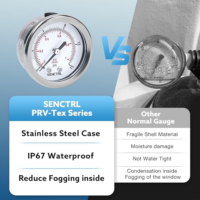 SENCTRL 0-15 Psi Low Pressure Gauge, 2" Dial Size, 1/4 NPT Back Mount, Waterproof, Stainless Steel Case, for Water Air ATV Tire Gas Pressure Test