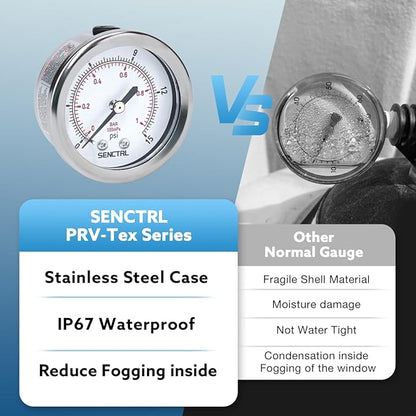 SENCTRL 0-15 Psi Low Pressure Gauge, 2" Dial Size, 1/4 NPT Back Mount, Waterproof, Stainless Steel Case, for Water Air ATV Tire Gas Pressure Test
