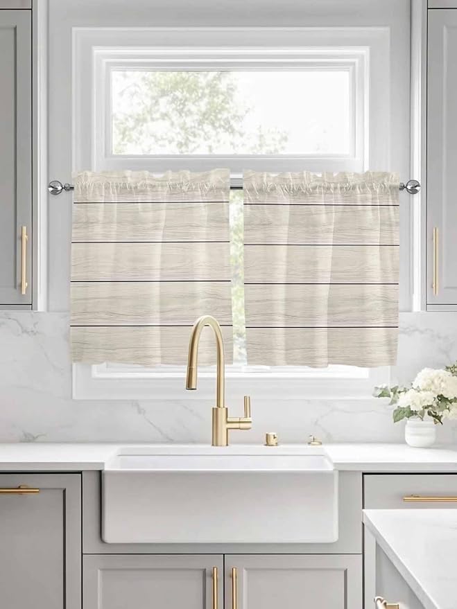 Vintage Country Wooden Board Window Valance Curtains, Gradient Wood Grain Line Light Filtering Kitchen Valance with 3-inch Rod Pocket for Living Room Bathroom Bedroom,2 Panel,27.5x24In