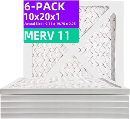 10x20x1 MERV 11 (6-Pack) Pleated Air Filter (Actual Size: 9.75"x19.75"x0.75") MPR 1200 & FPR 7, Furnace Air Filters,10x20x1 air filter