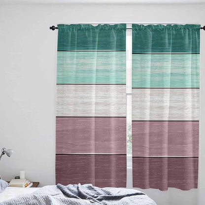 Retro Farm Woodcuts Texture Window Valance Curtains, Green Brown Gradient Light Filtering Kitchen Valance with 3-inch Rod Pocket for Living Room Bathroom Bedroom,2 Panel,52x72In