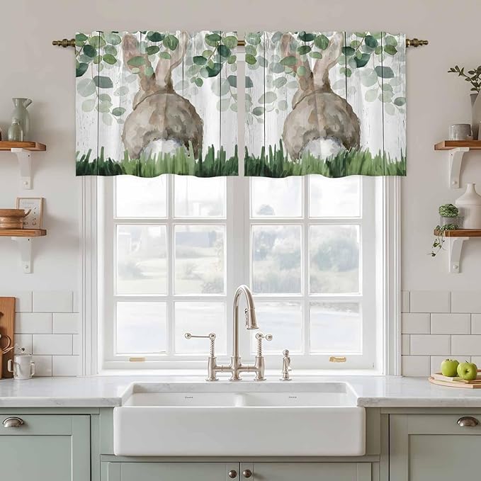 Easter Tier Curtains, Country Rabbit Botanical Leaves Wooden Grain Light Filtering Kitchen Curtains, 2Pcs Rod Pocket Half Window Treatments Panels for Sink Cafe Cabinet Camper 27.5x36 Inches