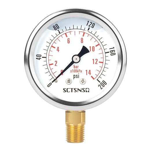 2-1/2" Dial Size, 0-200 Psi Pressure Gauge, Glycerin Liquid Filled, 1/4" NPT Lower Mount, Stainless Steel Case, for Air Compressor, Shock, Water System, Well Pump, Tank, Pipe, Pressure Test