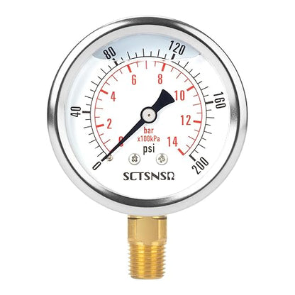 2-1/2" Dial Size, 0-200 Psi Pressure Gauge, Glycerin Liquid Filled, 1/4" NPT Lower Mount, Stainless Steel Case, for Air Compressor, Shock, Water System, Well Pump, Tank, Pipe, Pressure Test