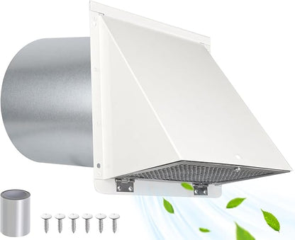 8 Inch Hooded Wall Vent with Screen and Damper,Outdoor Wall Exhaust Vent Cover Cap for Kitchen Range Hood Dryer Duct Ventilation &Exterior Air Exhaust Applications,Galvanized Steel,White