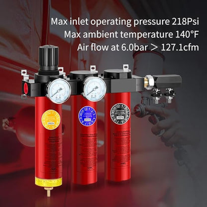 NANPU Z Series 3-Stage Air Filtration System - Sintered, Fine, & Charcoal Filters, 3/4" NPT Inlet, 1/4" NPT Outlet Module, 0-230 psi Gauge, 127 CFM @ 6 bar, Metal Housing, Auto Drain