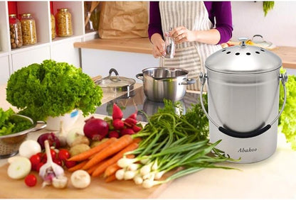 Abakoo Stainless Steel Compost Bin for Kitchen Countertop Compost Bucket Kitchen Pail Compost with Lid 1.3 Gallon-Includes 4 Filters