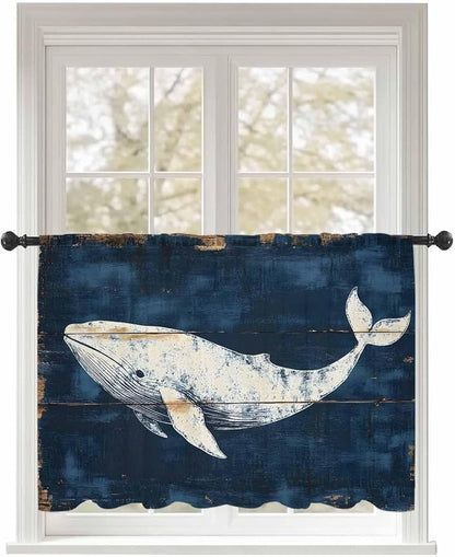 Sheer Curtains 45 Inch Length, Ocean Whale Blue Semi Sheer Curtains Light Filtering Window Treatment, Coastal Vintage Wooden Grain Privacy Voile Drapes for Living Room Bedroom 52x45 Inch
