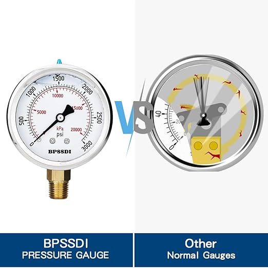 0-3000 Psi Glycerin Liquid Filled Hydraulic High Pressure Gauge, 2.5" Dial Size, 1/4" NPT Lower Mount, 304 Stainless Steel Case, for Water Oil Air Gas Pressure Test