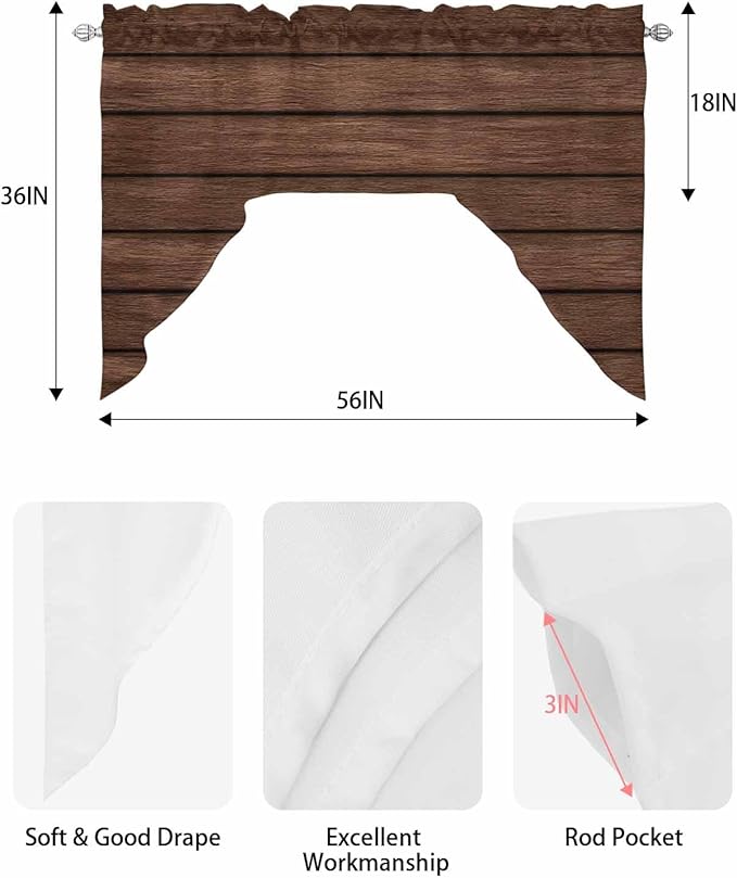 Brown Wooden Board Swag Kitchen Curtains Valance and Tier Set, Vintage Wood Grain Farmhouse Barn Themes Light-Filtering Swag Valance, Rod Pocket Short Curtain for Bedroom Cafe, 56x36 inches