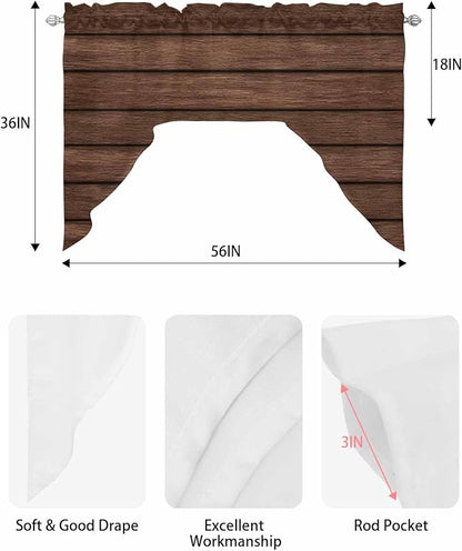 Brown Wooden Board Swag Kitchen Curtains Valance and Tier Set, Vintage Wood Grain Farmhouse Barn Themes Light-Filtering Swag Valance, Rod Pocket Short Curtain for Bedroom Cafe, 56x36 inches