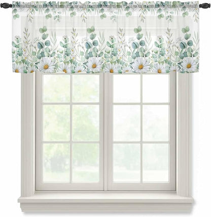 Eucalyptus Leaves Daisy Sheer Valance Curtains, Summer Farmhouses Flower Light Filtering Kitchen Valances Rod Pocket Voile Curtain Window Treatment for Bedroom/Living Room/Basement 42Wx18L