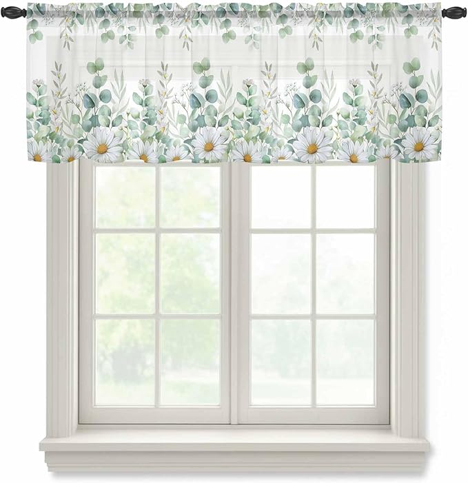 Eucalyptus Leaves Daisy Sheer Valance Curtains, Summer Farmhouses Flower Light Filtering Kitchen Valances Rod Pocket Voile Curtain Window Treatment for Bedroom/Living Room/Basement 60Wx18L