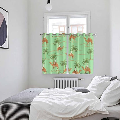2 Panel Kitchen Cafe Curtains, Desert Camels Sunlight Filtering Nature Air Through, Home Decor Window Covering Tier Curtains for Living Room 104W x 63L inch Tropical Date Palm Trees Animal Green