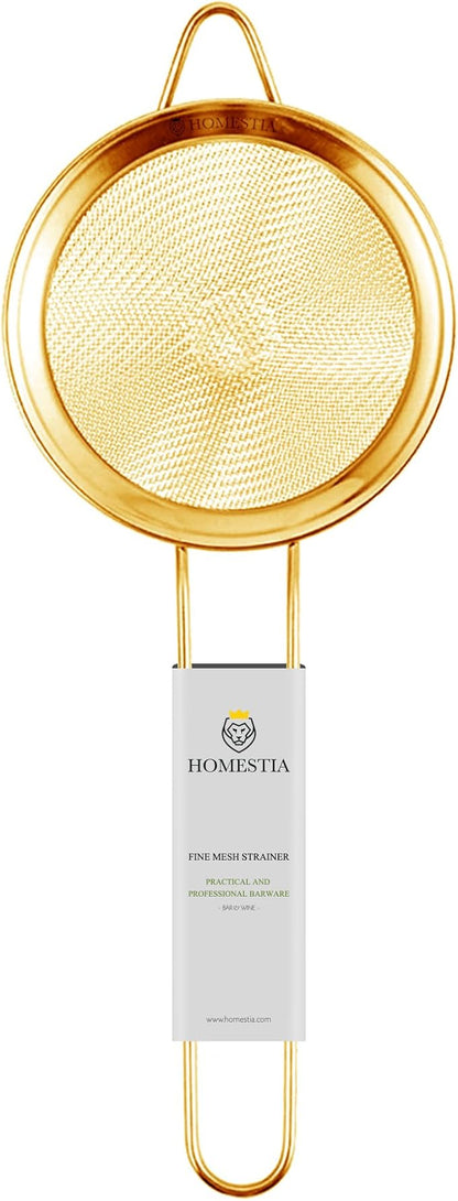 Homestia Fine Mesh Strainer for Kitchen, 304 Stainless Steel Sieve Sifters Cocktail Strainer for Food, Tea, Oil, Noodles, Coffee, Juice, Flour, Fruits, Vegetables - Easy to Clean Drink Strainer (Gold)