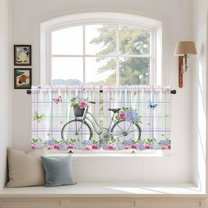 Spring Tier Curtains, Bicycles Botanical Leaves Rose Colorful Stripes Light Filtering Kitchen Curtains, 2Pcs Rod Pocket Half Window Treatments Panels for Sink Cafe Cabinet Camper 27.5x36 Inches