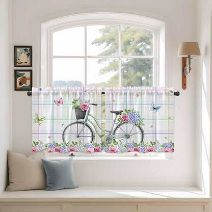 Spring Tier Curtains, Bicycles Botanical Leaves Rose Colorful Stripes Light Filtering Kitchen Curtains, 2Pcs Rod Pocket Half Window Treatments Panels for Sink Cafe Cabinet Camper 27.5x24 Inches