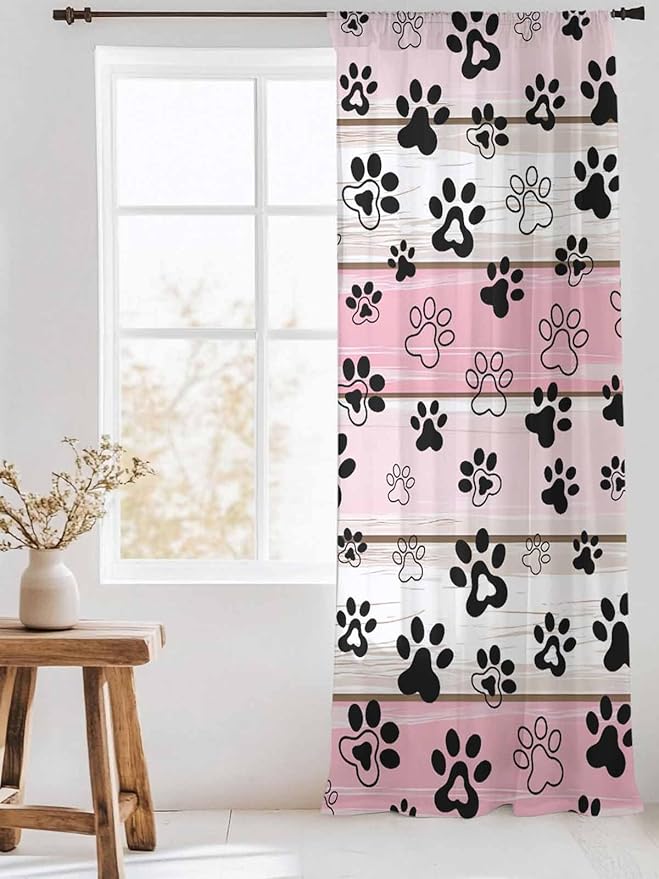 Sheer Curtains 84 Inches Long, Pink Beige Paw Print Semi Sheer Curtains Light Filtering Window Treatment, Vintage Farmhouse Country Wooden Grain Privacy Voile Drapes for Living Room Bedroom 52x84 Inch