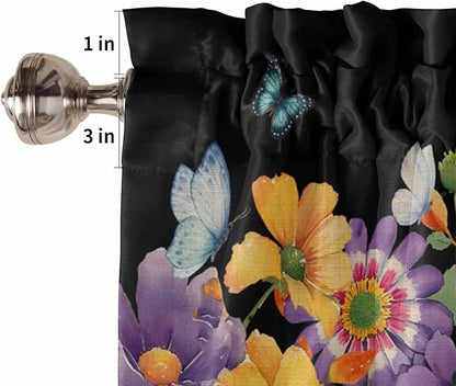 Spring Flowers Living Room Curtains 72 Inches length, Watercolor Country Colorful Floral Black Window Treatment Curtain Drapes, Light Filtering Drapes for Bedroom Laundry Room, 52"x72", 2 Panels