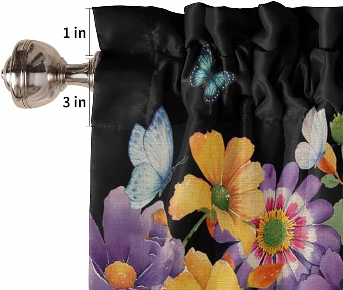 Spring Flowers Half Window Curtain 36 Inches Long, Watercolor Country Colorful Floral Black Window Treatment Curtain Drapes, Small Tier Curtains for Bathroom Over Sink, 27.5"x36", 2 Panels